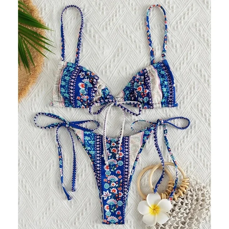 2022 Floral Print String Bandage Bikini Set Swimwear Women Summer Sexy Push Up Bathing Suit Beachwear Halter Biqiuni Swimsuit