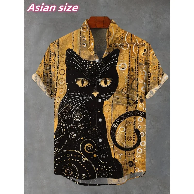 

Cat Crane Graphic Hawaiian Shirt For Men Exquisite Stripe 3D Printed Short Sleeve Summer Loose Street Aloha Shirts Lapel Blouse