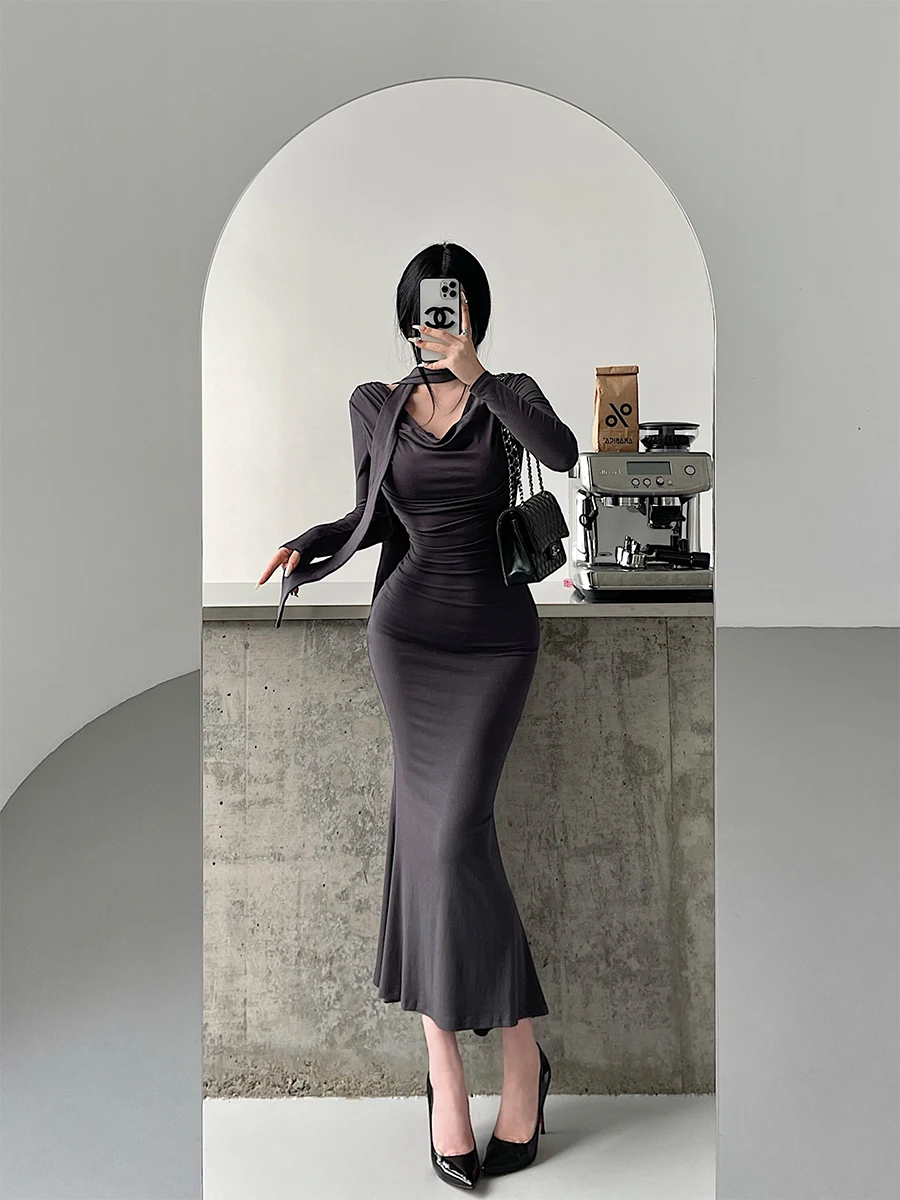 

Young Girl Day Pure Desire Long Sve Fi Tail Dr with Sa High Waist A-Line Cotton Autumn Winter Women's Dr