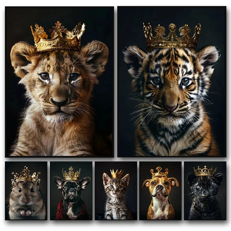 

Modern Lion Tiger Dog Mouse Panther King Posters Animal with Crown Canvas Wall Painting Prints Motivational Picture Home Decor