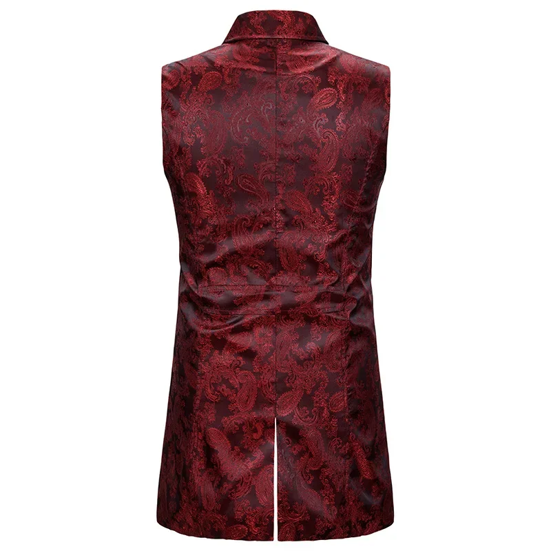 Wine Red Paisley Jacquard Long Vest Men Double Breasted Lapel Brocade Vest Waistcoat Mens Gothic Steampunk Sleeveless Tailcoat