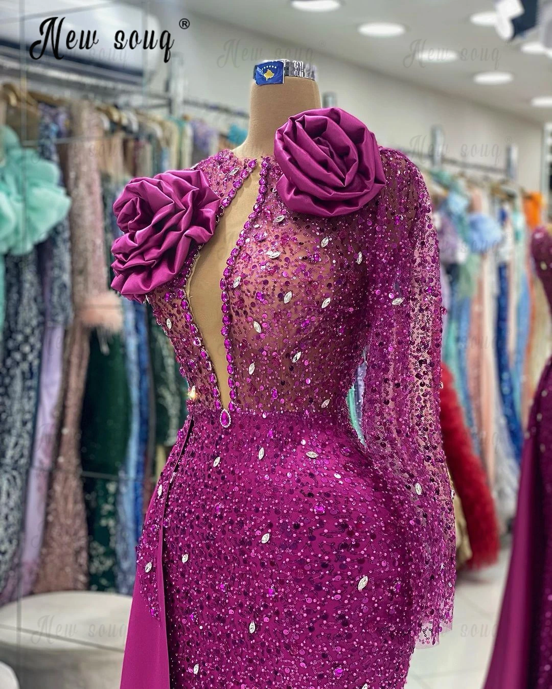 Fuchsia Beaded Stacked Floral Wedding Party Dress Luxury Side Train Mermaid Long Celebrity Dresses Plus Size Custom Made Dubai