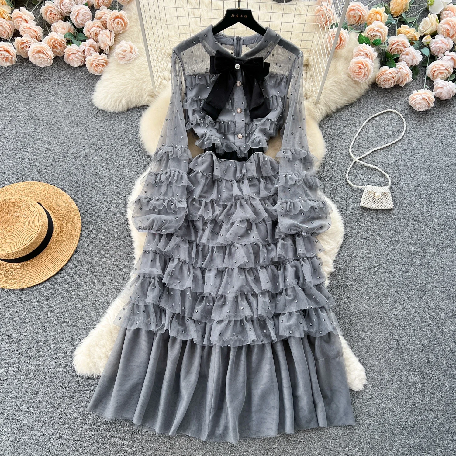 French Vintage Gauze Rhinestone O-neck Patchwork Folds Bow Puff Sleeves Long Sleeves Dress Casual Women Fashion Autumn Dress