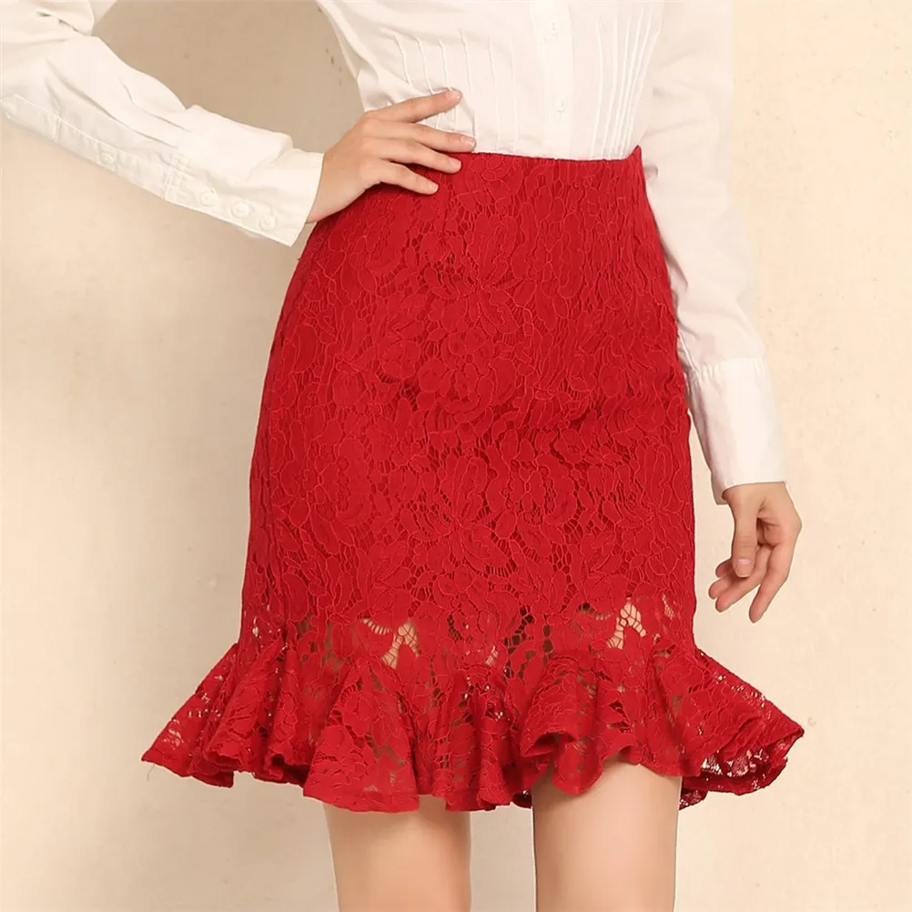 Neue Büro Spitze Rock Frauen Sexy Hohe Taille Bleistift Rock Einen Schritt Formale Rüschen Rock Größe S-5XL