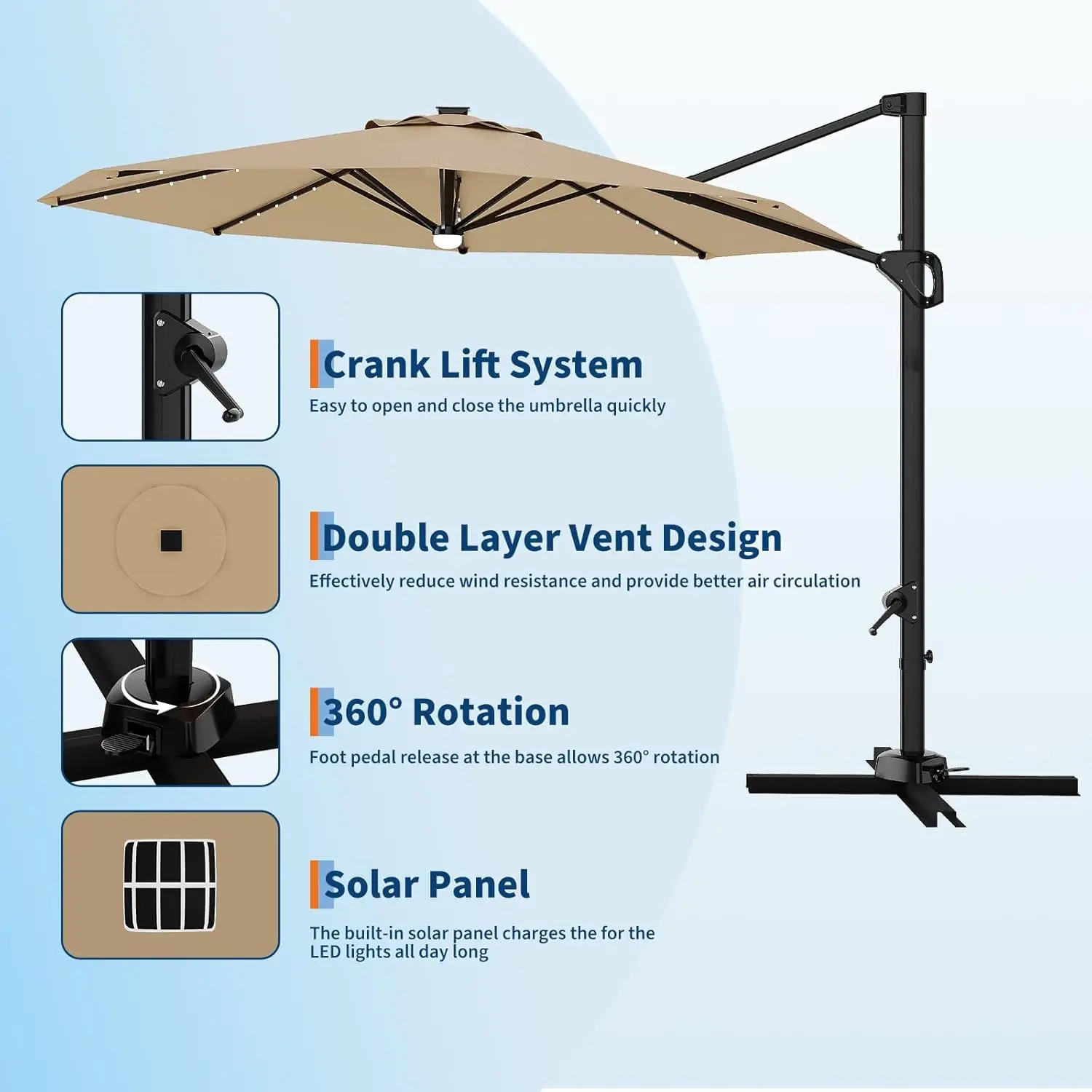 مظلة فناء ناتئ بطول 10 أقدام مع أضواء شمسية تدور 360 درجة سهلة الميل كرنك ضبط حماية من الأشعة فوق البنفسجية للخارجية #2