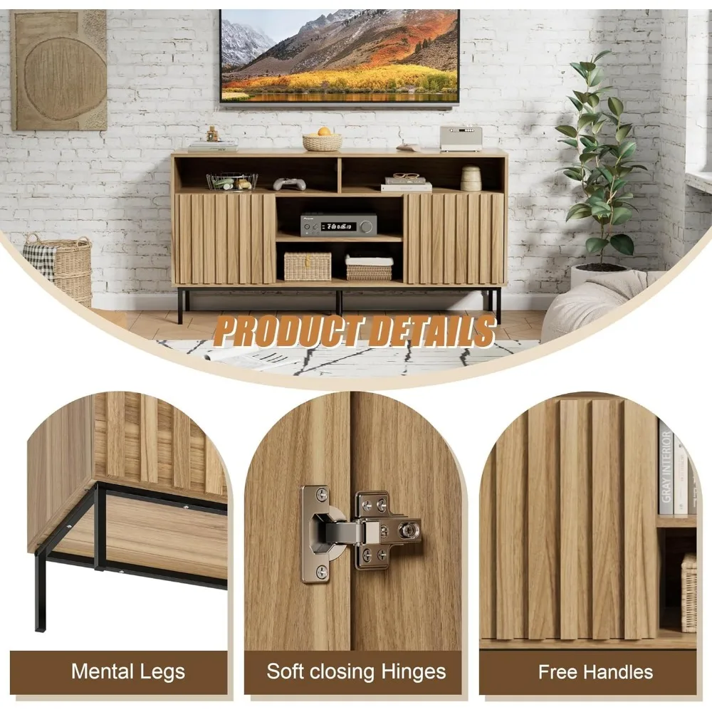 Современный комплект для гостиной середины века, дубовая тумба для телевизора и комплект из 2-х торцевых столиков, тумбочка, деревянная рифленая подставка для телевизора, приставной столик для дивана