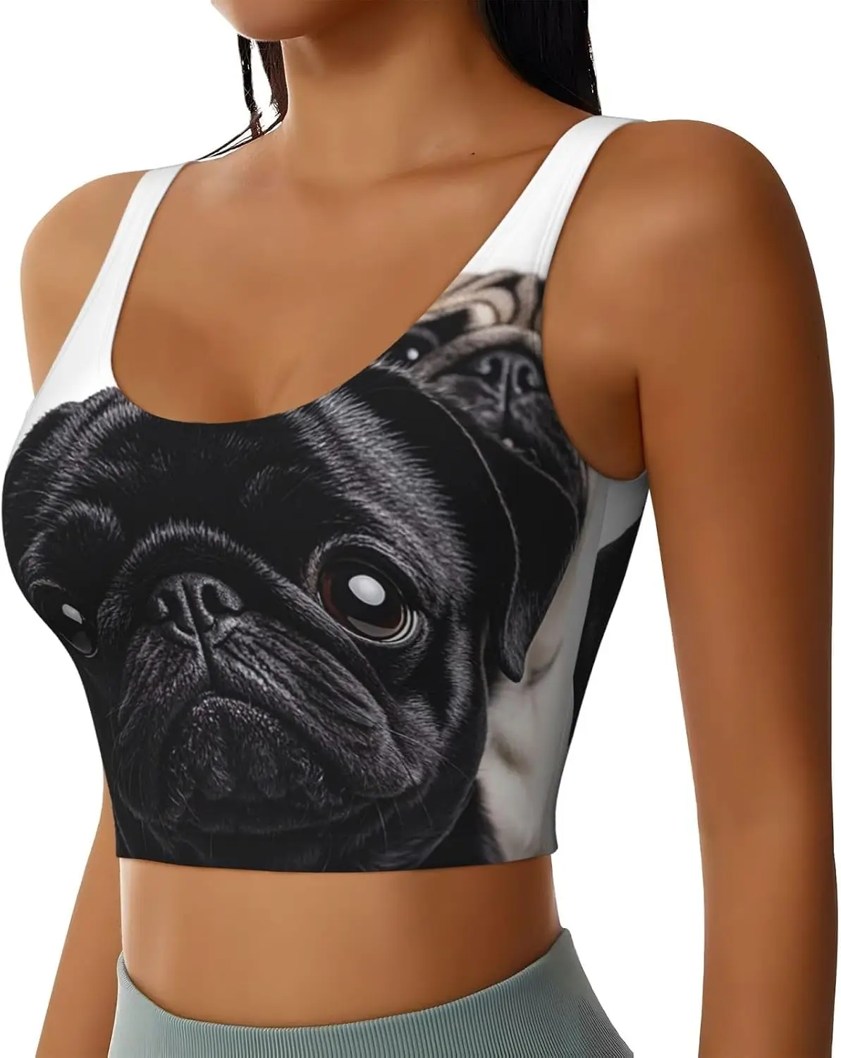 Women's Workout Tank Tops HIigh Support U Back Padded Sports Bra Cute Black Pug Dog Sports Crop Tops For Women