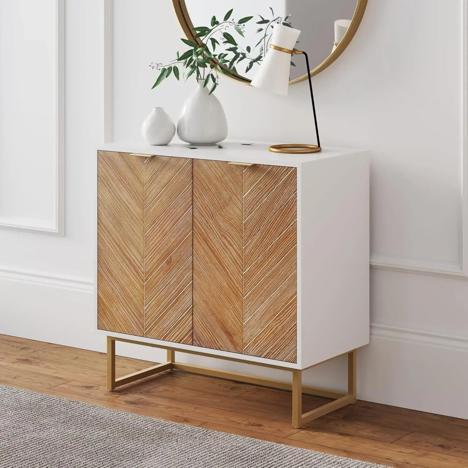 Modern Storage Free Standing Accent Cabinet White with Doors in a Rustic Pine Wood Finish and Gold Powder-coated Metal Base for