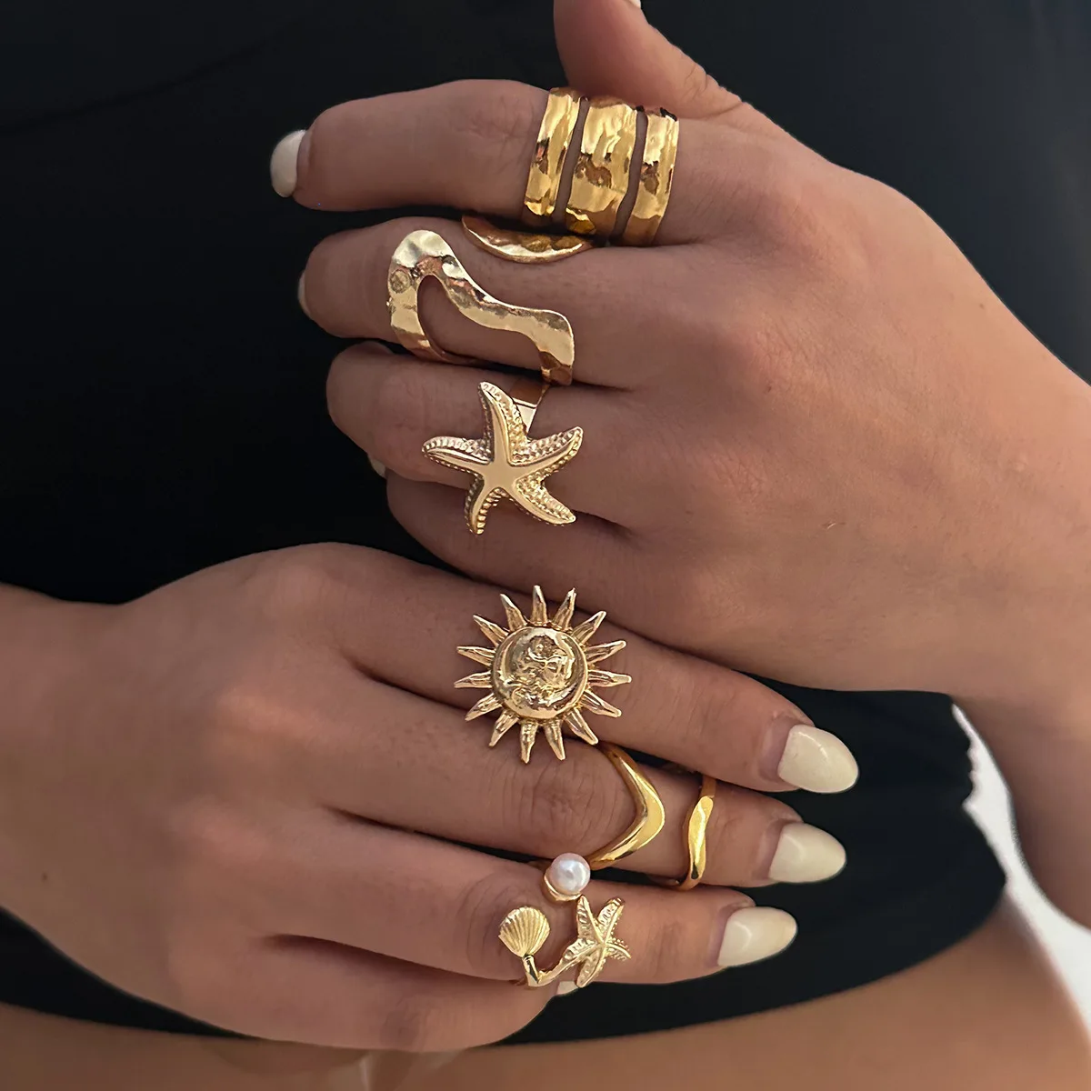 6Pcs/Set Vintage Sun Starfish Open Rings for Women Men Punk Irregular Pleated Pearl Ring Summer Holiday Personalized Jewelry image 4