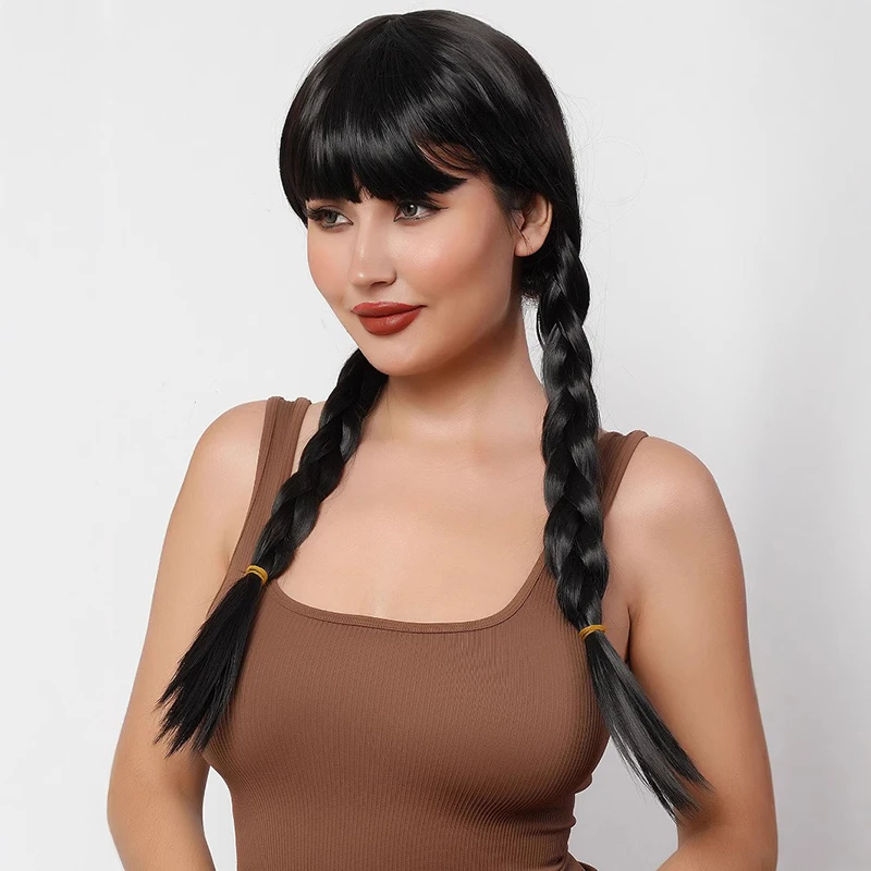 Mercoledì Addams Personaggio Cos Parrucca TV Dramma Mercoledì Cosplay Copricapo Capelli lunghi Festa Donna Partita Frangia dritta Doppia trecce