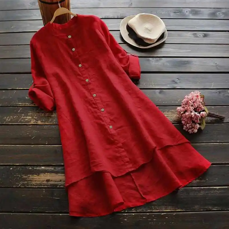 

Pure Color Cotton Linen Long Sve irt Casual Loose Fit round Ne Mid-Length Button-Up Women's Premium Faion irt