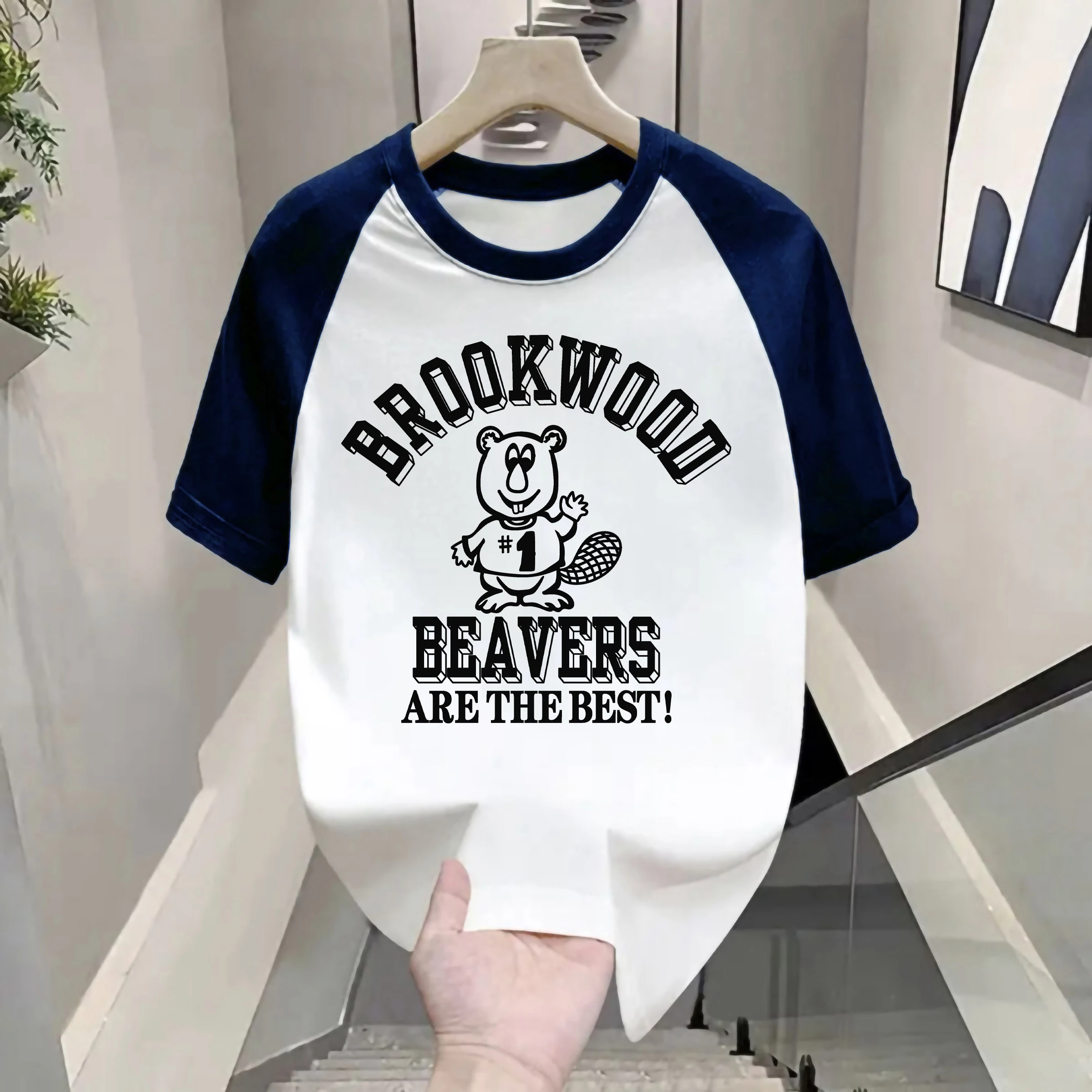 

Американская футболка оверсайз из чистого хлопка с коротким рукавом, летняя, модная, с цветовыми блоками, свободного кроя