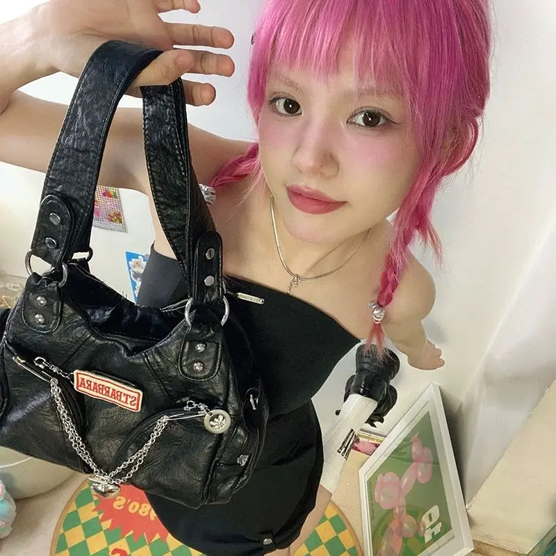 JIAERDI Hot Girls Black Shoulder Bag Women Vintage Grunge Leather Casual Tote Bag Ladies Retro Moto Biker Y2k Handbag Aesthetic