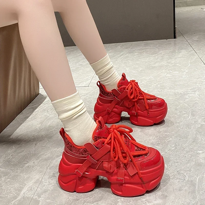 Women Bling Red Chunky Sneakers Winter High Platform Warm Fur Shoes Ladies Wedges Casual Dad Shoes Leather Sports Sneakers 8CM