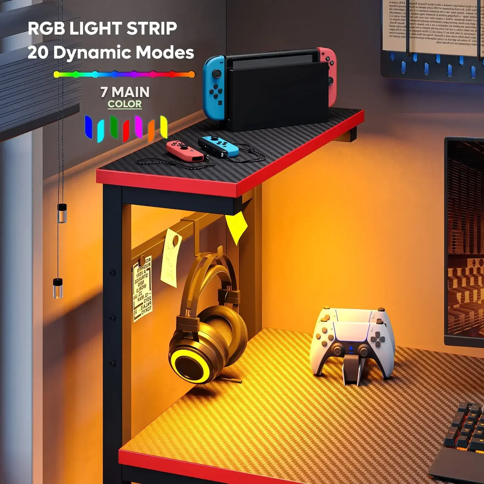 Computer Gaming PC Desk 44 inch Gamer Table with LED Lights, Reversible 4 Tier Storage Shelves Carbon Fiber