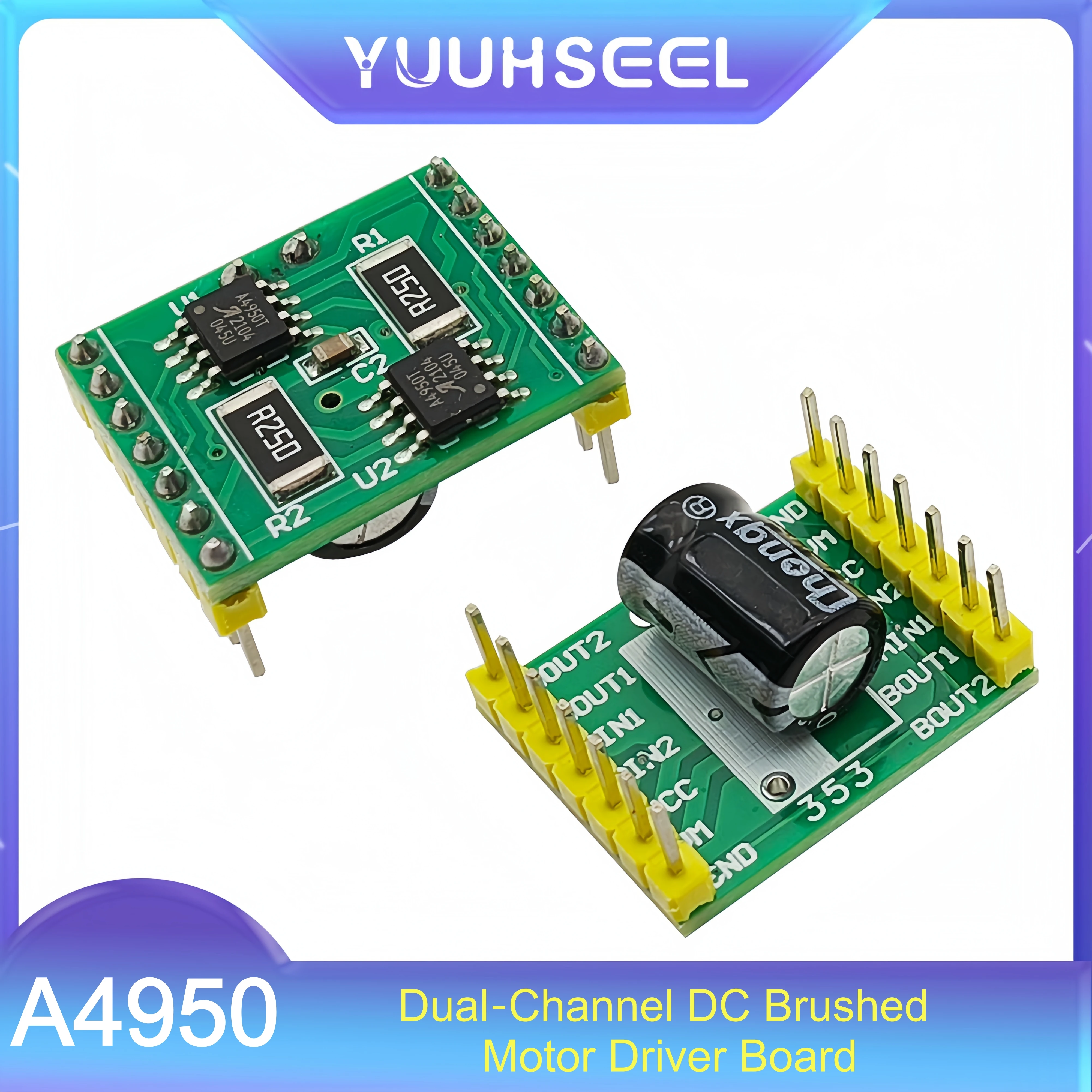 2‑Pack A4950 Dual‑Channel DC Brushed Motor Driver Board, Pre‑Soldered Pins, Compatible with Arduino, Raspberry Pi, ESP32