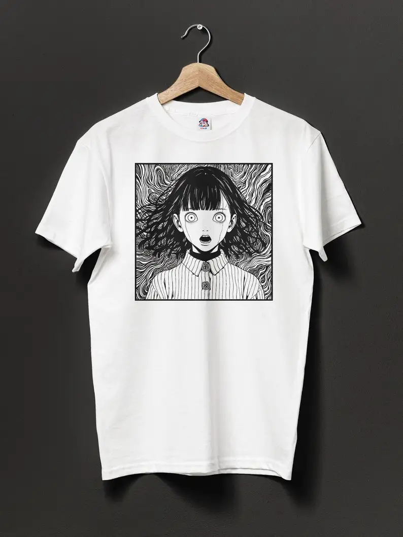 Anime Unisex T-shirt, Horror, Goth, Junji Ito style, doll.