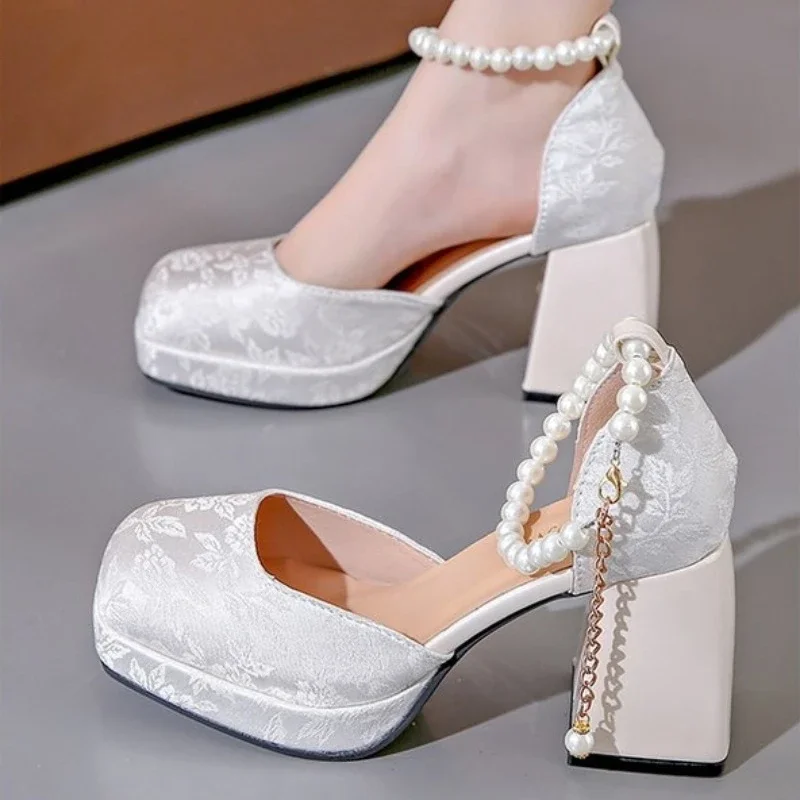 2024 New Silk Wedding Party Women Pumps Sandals Punk Style Platform Buckle Strap Thick Square High Heels Shoes