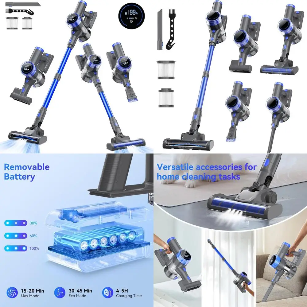 

Ultra-Lightweight 10-in-1 Cordless Stick Vacuum, 33 kPa Suction, 45 Min Run Time, Ideal for Hard Floors, Carpets, and Pet Hair R