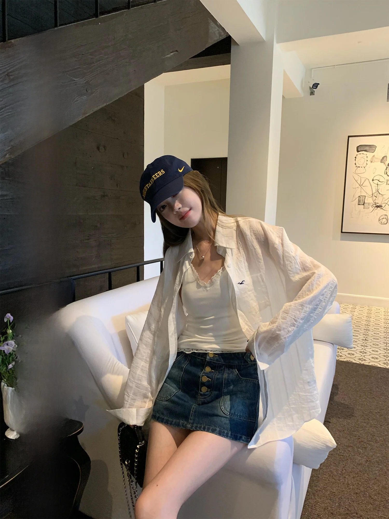 

Yuzhiqi Little Seagull White Silk irt Women Summer Thin Lazy Striped Sunscreen Cover up Breathable Long Sve Ladies irt