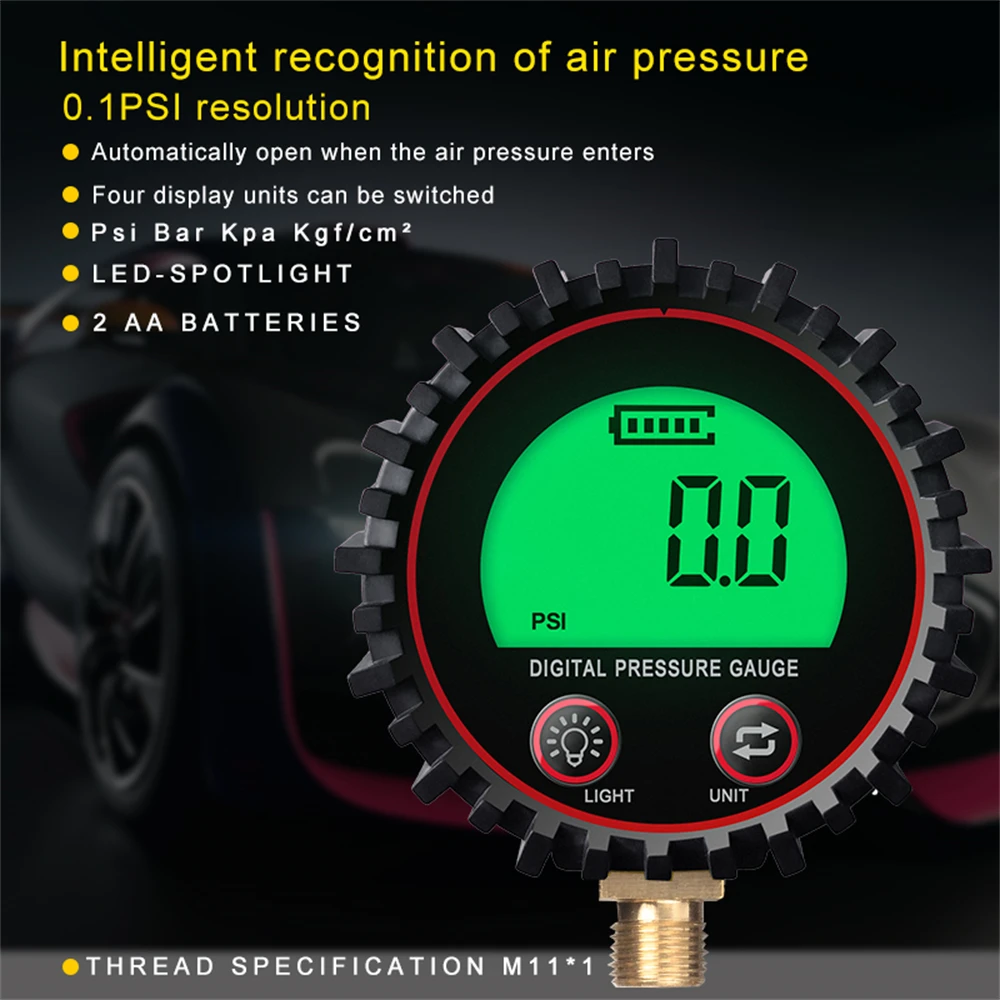 Digital Pressure Gauge Tire Pressure Gauge 3-255PSI Backlight LCD Display Copper Thread Air Pressure Gauge for Car Motorcycle