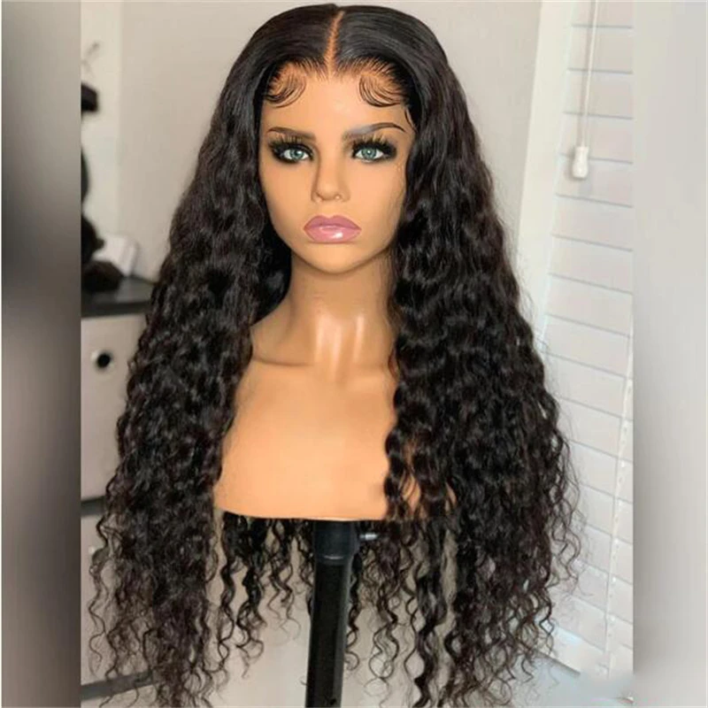 Peluca rizada larga con malla frontal para mujeres negras, pelo de bebé sin pegamento, predesplumada diaria, 26 pulgadas, Color negro, suave, 180% de densidad