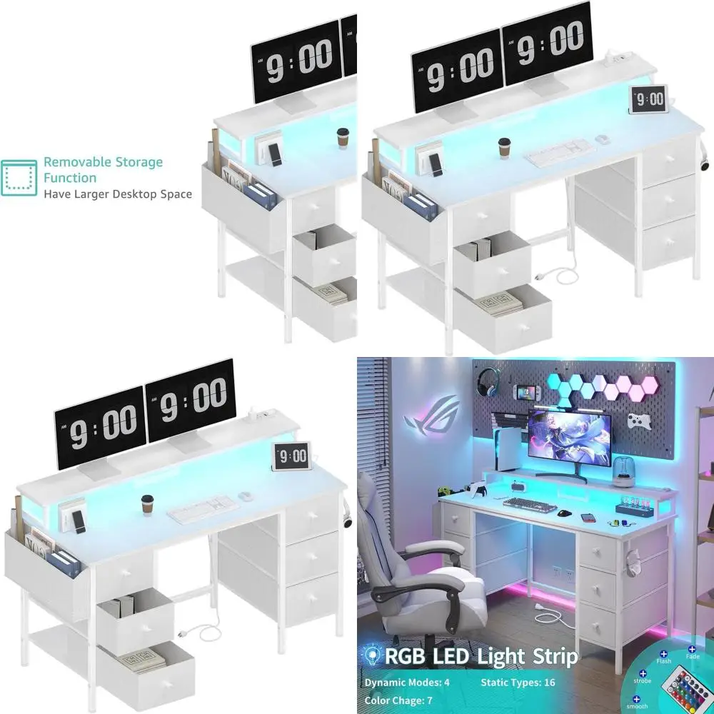 

47 White Desk with Drawers, Storage, LED Lights, and Power Outlets for Home Office