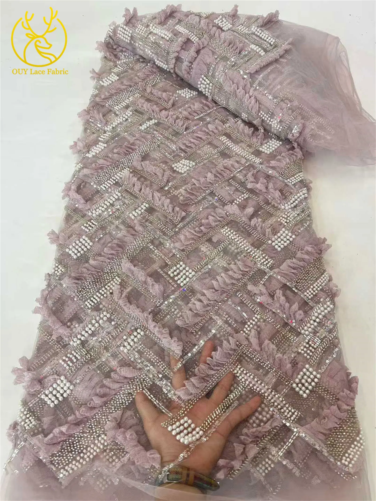 Neues Design 3D Afrikanischer Perlenstickerei-Spitzenstoff 2026 Hochwertiger Französischer Pailletten-Tüllspitzenstoff für Nigerianische Hochzeitskleider – Detail 12