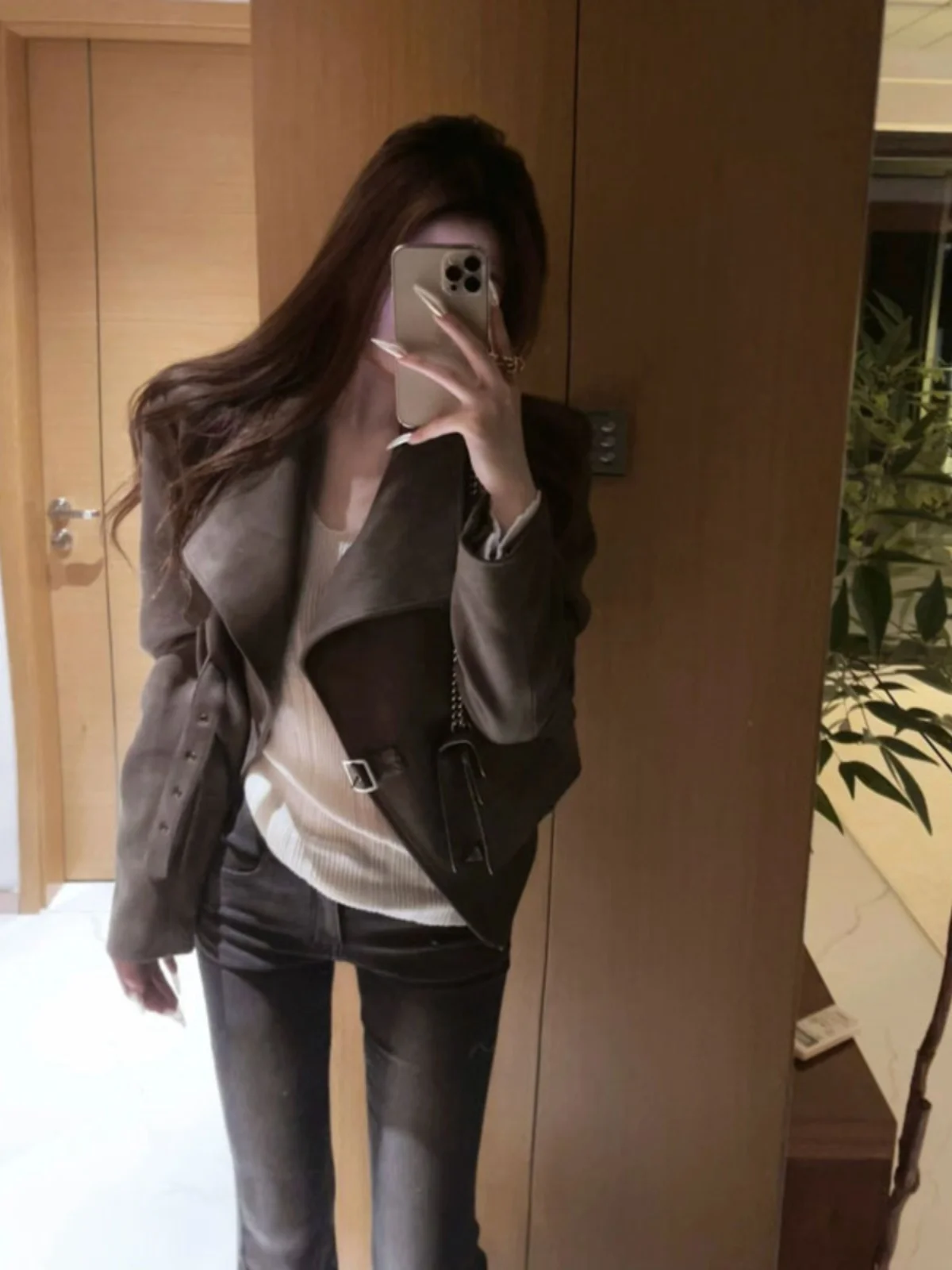 

Retro American Suede Motorcycle Jacket Short Outerwear Top Fashionable Turn-down Collar Spring New Style Women's Premium Fashion