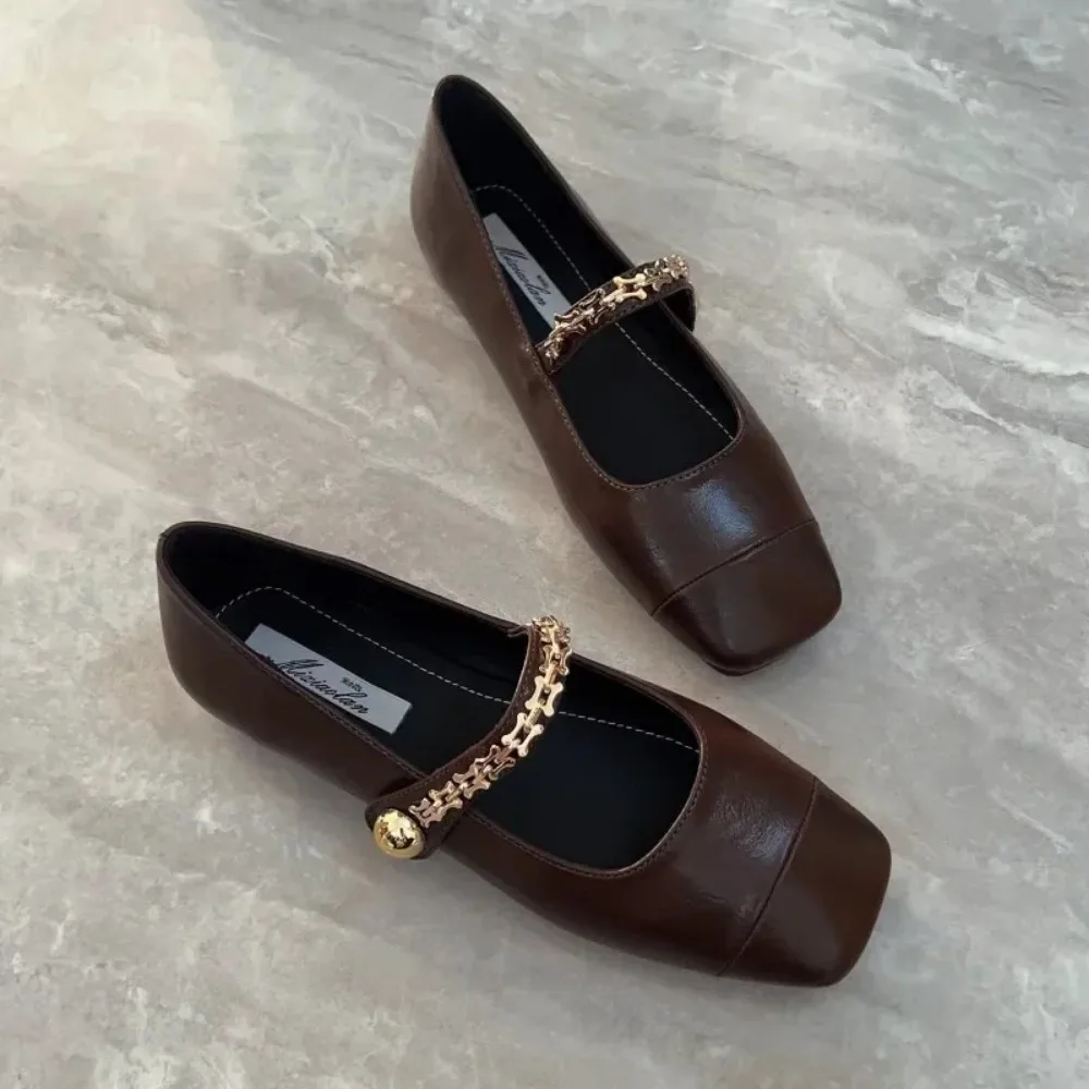 2024 Spring Brown Single Shoes Simple Style New Flat French Beautiful Elegant Women Square Head  Women's Shoes