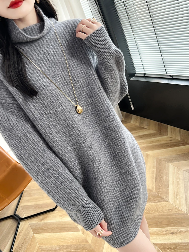 New Women Mid-Long Cashmere Pullover Turtleneck Sweater Autumn Winter Warm Loose Style 100% Merino Wool Knitwear Korean Fashion