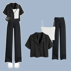 Women's Summer New Casual Black Short Sleeved Top+White Sling+suit Wide Leg Pants 3 Piece Korean Elegant Trousers Matching Set