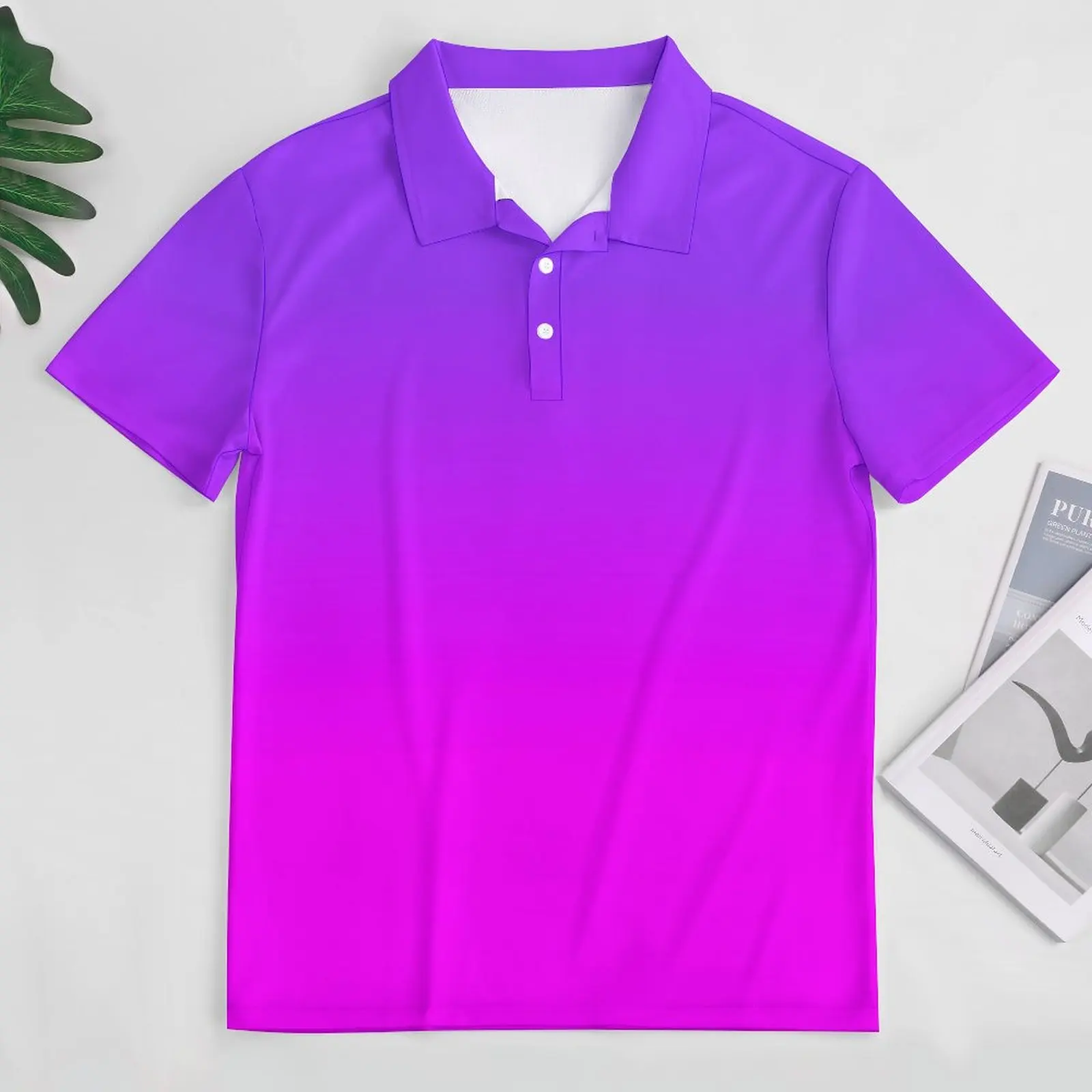 Neon Ombre Print Casual T-Shirts Purple and Pink Polo Shirts Turn Down Collar Trendy Shirt Summer Male Pattern Clothes Plus Size