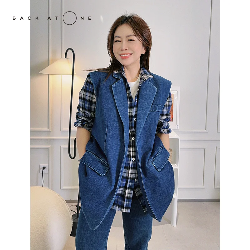

Backatone Retro Cool Guy Heavy Duty Denim Suit Jacket BES1DE034BK Commute Style Single Button Pure Color Cotton 100%