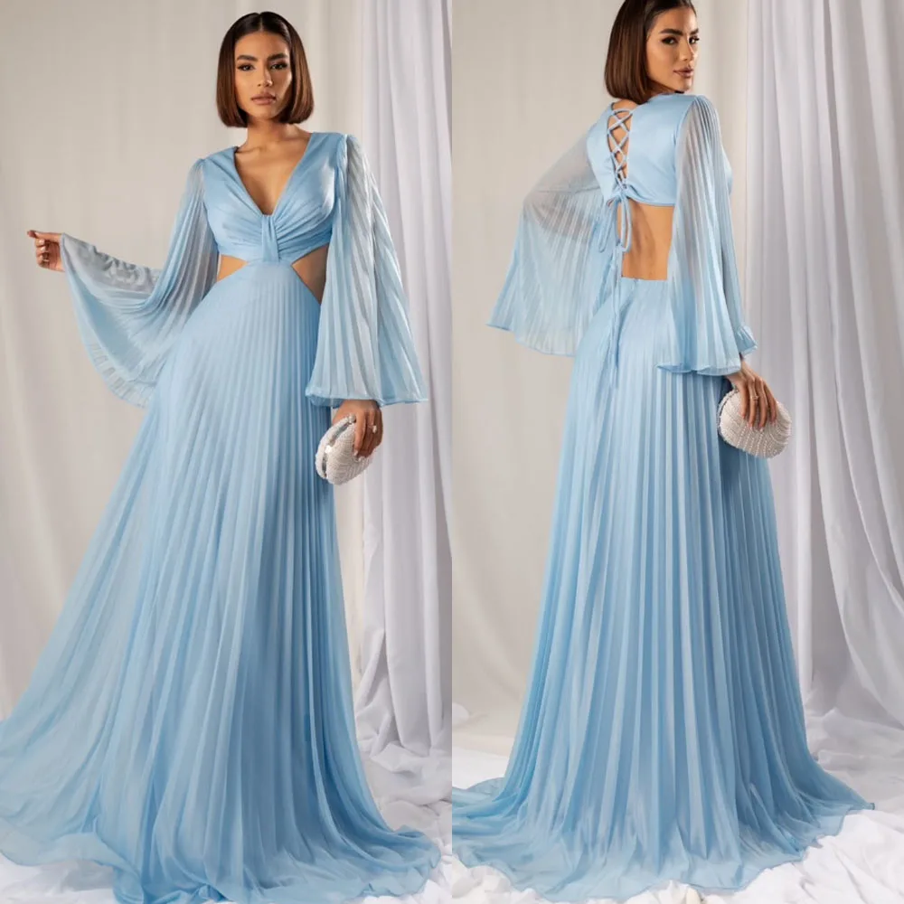 تخصيص جودة عالية طول الأرض التجاعيد حزام الظهر عارية الذراعين كامل الأكمام الأزرق الخامس الرقبة Abiye Uzun Elbise Modelleri Fساتين