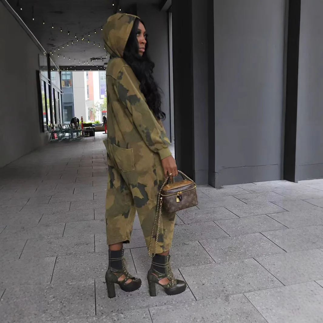 Monos de una pieza para mujer, monos con capucha y cremallera para fiesta y Club, pantalones largos, peleles de camuflaje, ropa de calle Y2k, mono informal holgado