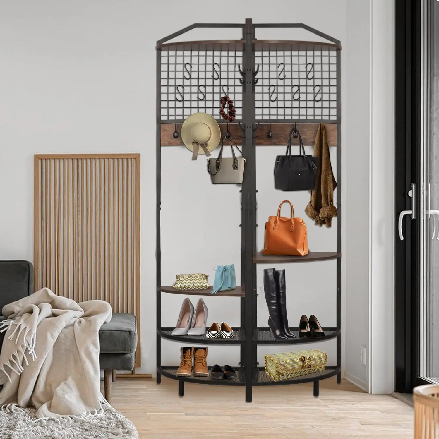 Corner Coat Rack, Coat Rack with Shoe Storage, Hall Tree with Bench and Shoe Storage, Freestanding Shelves with 14, Customized view 6