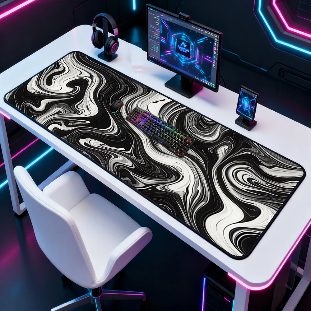 Monochrome Liquid Desk Mat Mouse Mat Full Gaming 140x60 Black White Playmat Abstract Pattern Large Pad Pc Accessories