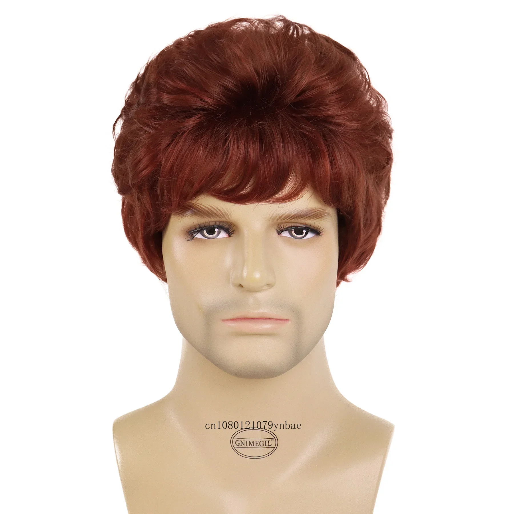 Synthetic Hair Auburn Wig with Bangs Short Curly Wigs for Men Boys Red Copper Brown Natural Hairstyles Cosplay Wig Costume Party