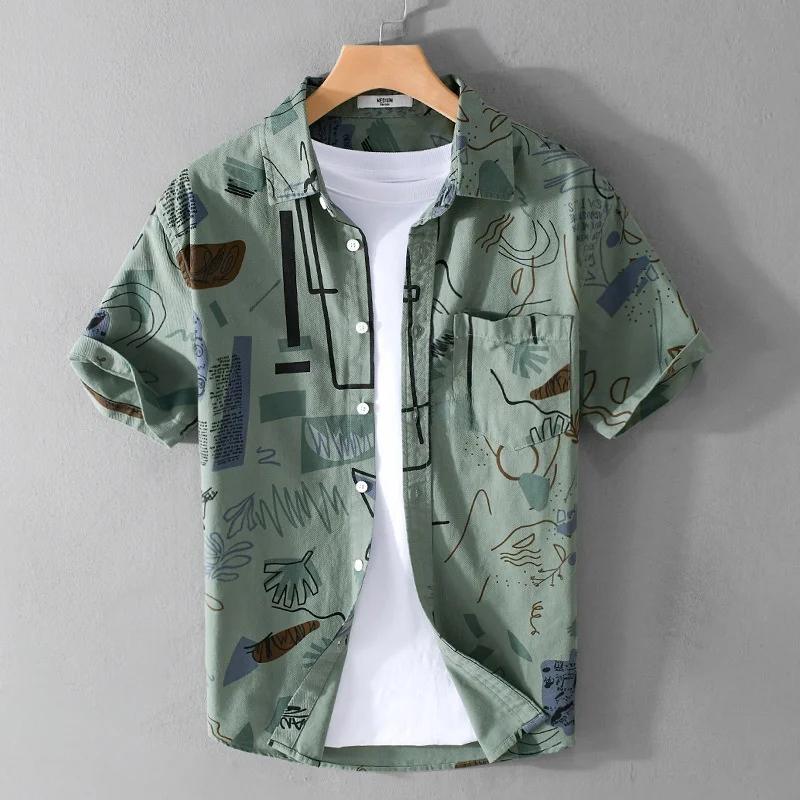 

Men's Graffiti Print Casual Short Sleeve Cotton Shirt Summer Fashion Loose Comfortable Breathable Pure Cotton Sun Protection