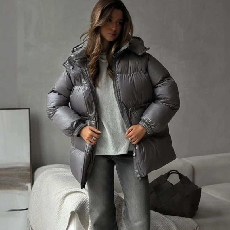 TARUXY Lace-Up Hooded Zipper Parkas Women's Fashion Long Sleeve Pocket Solid Bread Cotton Coat Winter New Warm Thickened Jacket