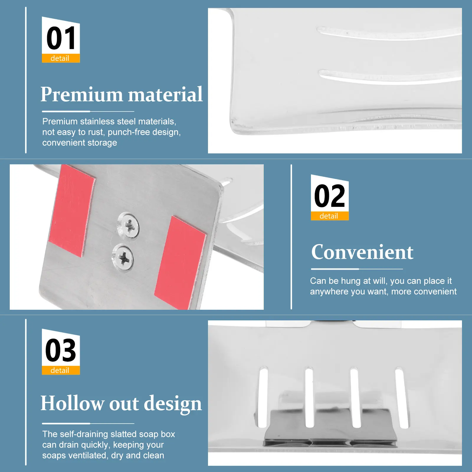 

Stainless Steel Soap Dish Holder with Slatted Drain Design Punch-Free Wall-Mounted Soap Rack for Bathroom Shower Kitchen