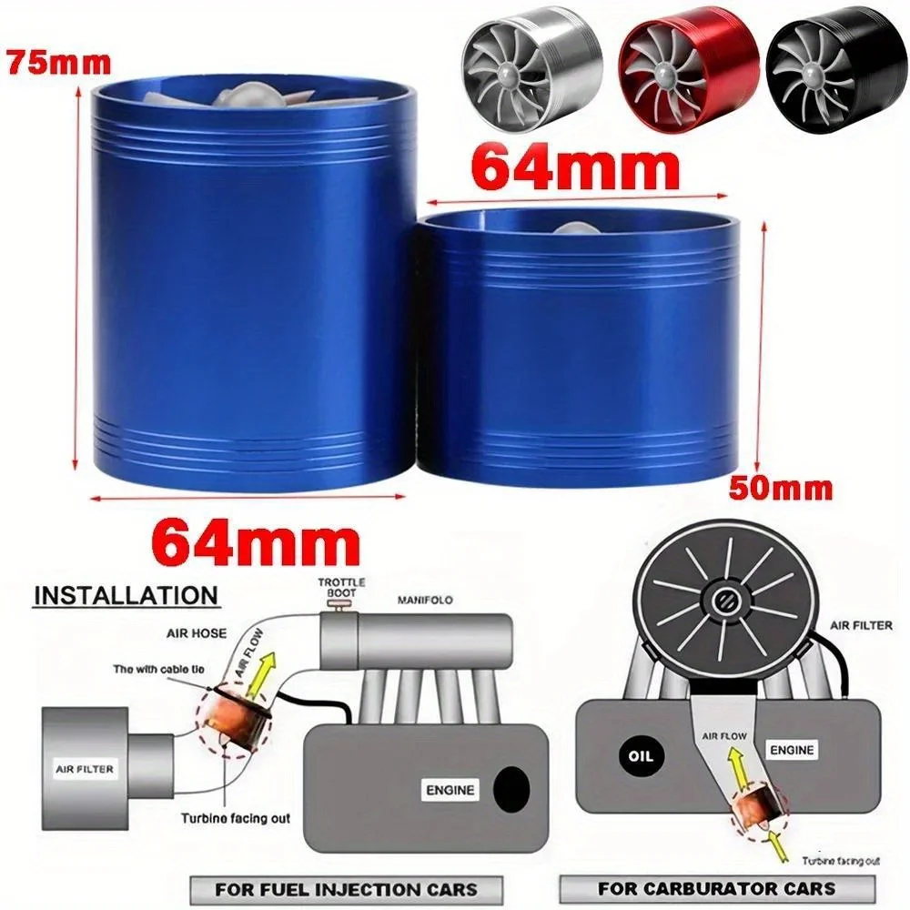 49mm / 75mm Turbo Charger Single Double Air Filter Intake Fan Car Turbine Supercharger Fuel Gas Saver Kit Auto Replacement Part