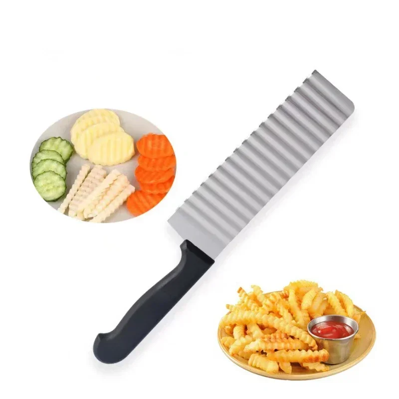 Long Stainless Steel Potato Chip Slicer Dough Vegetable Fruit Crinkle Wavy Slicer Knife Potato Cutter Chopper French Fry Maker