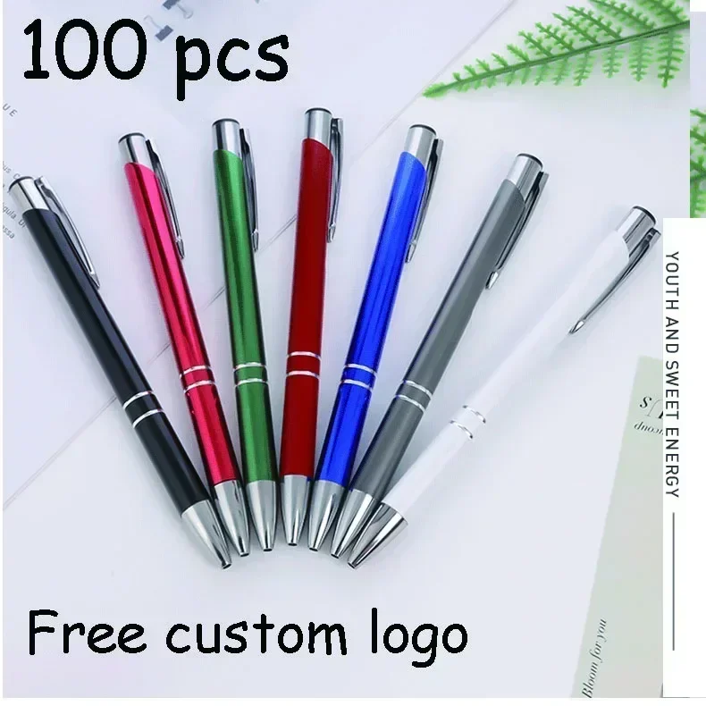 100 Pcs Free Custom LOGO Metal Ballpoint Pen Laser logo Pens for Writing Stationery Office School Supplies