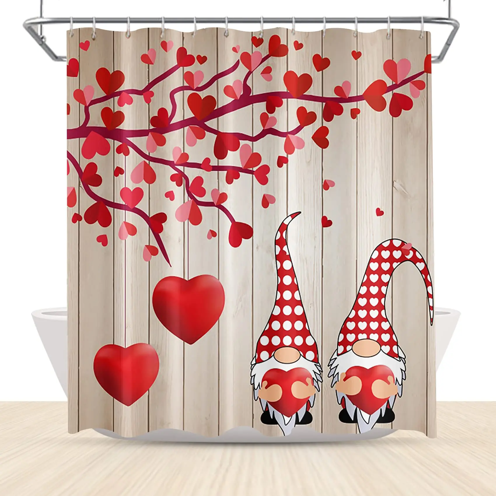 Romantic Valentines Shower Curtain Love Script Red Hearts Spots Balloons on Vintage Wood Backdrop Valentine's Day Bathroom Sets