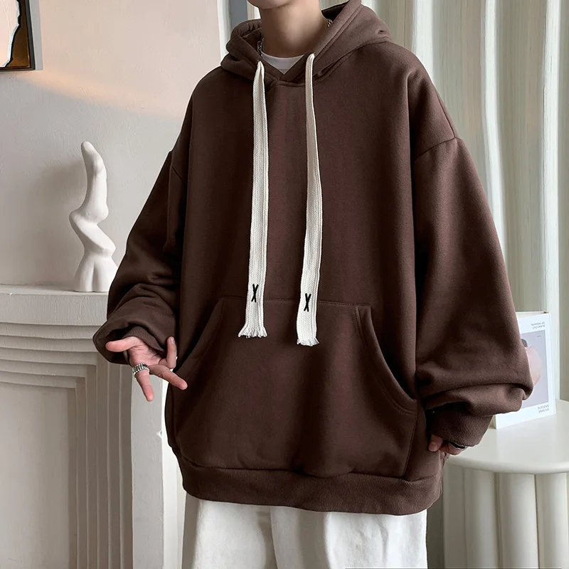 Solid Hoodies Men Baggy Lace-up Fashion Loose Autumn Minimalist Long Length Korean Style Temperament Streetwear  Tender