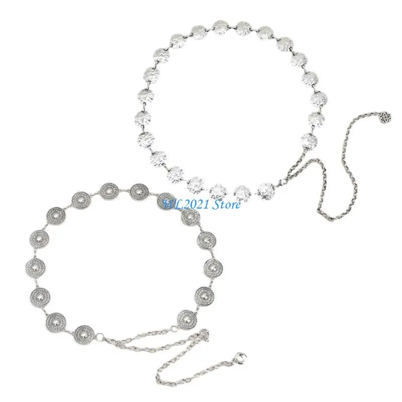 

G5GC Vintage Women Waist Belt Vintage Thin Ethnic Belts with Hollow Round Buckle Decorative Women Metal Waist Belt