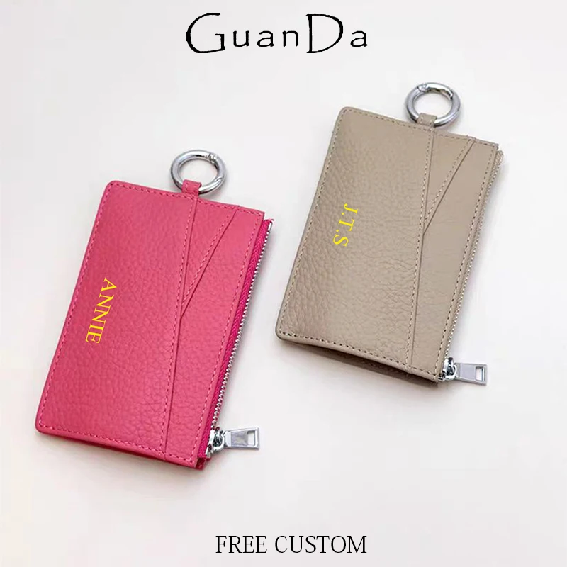 Genuine Leather Custom Initials Card Wallet Cowhide Zip Woman Key-ring Coin Purse Personalized Luxury Design Casual Card Holder