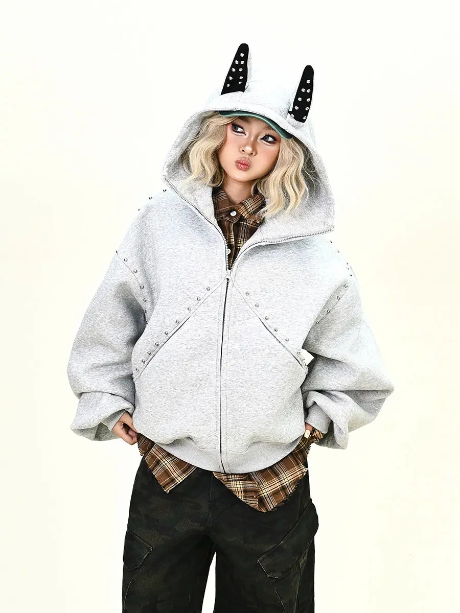 أسود الصفصاف مسمار أرنب الأذن هوديي سترة المرأة فاسق الخريف جديد فضفاض Y2K زمم موضة البلوز فريد الهيب هوب سترة